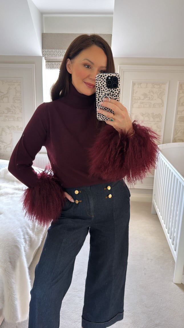 Jacqueline wine mongolian fur sweater