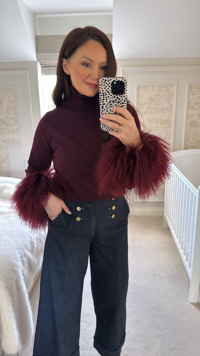 Jacqueline wine mongolian fur sweater