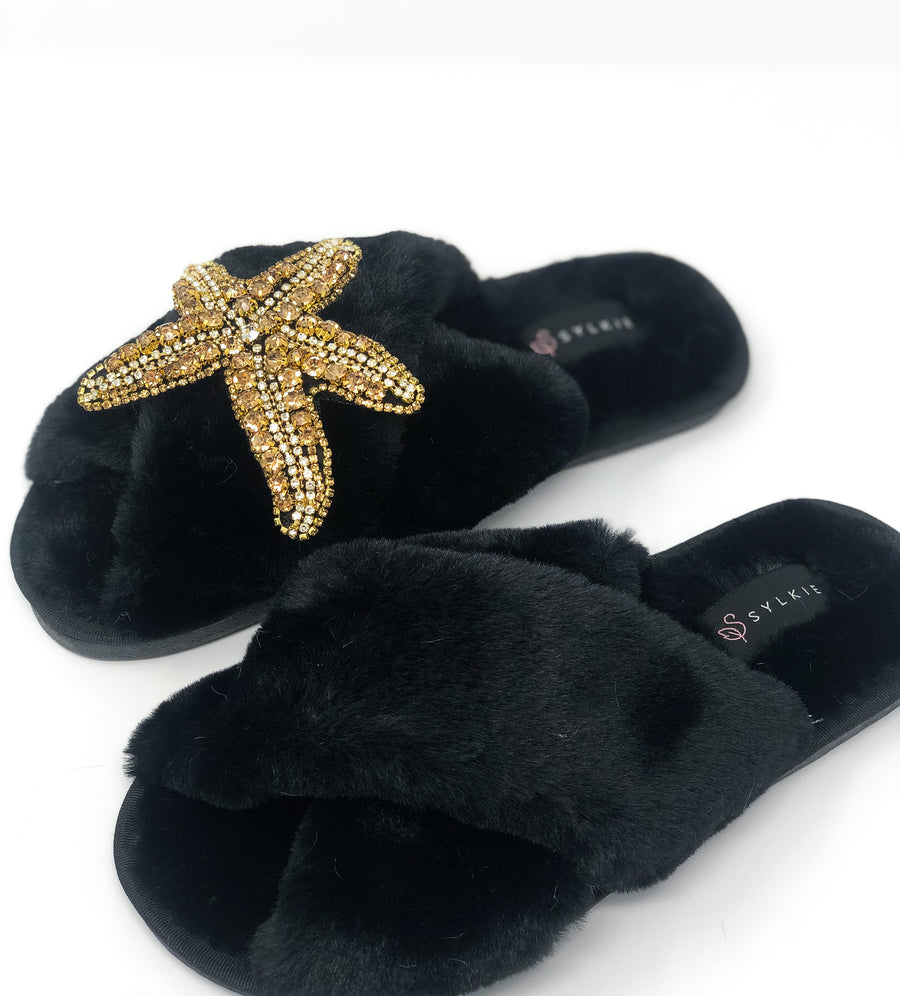 Gold Starfish Cross Slipper Black