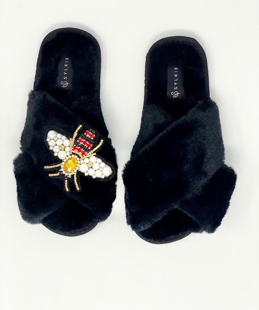 Queen Bee Cross Slipper Black