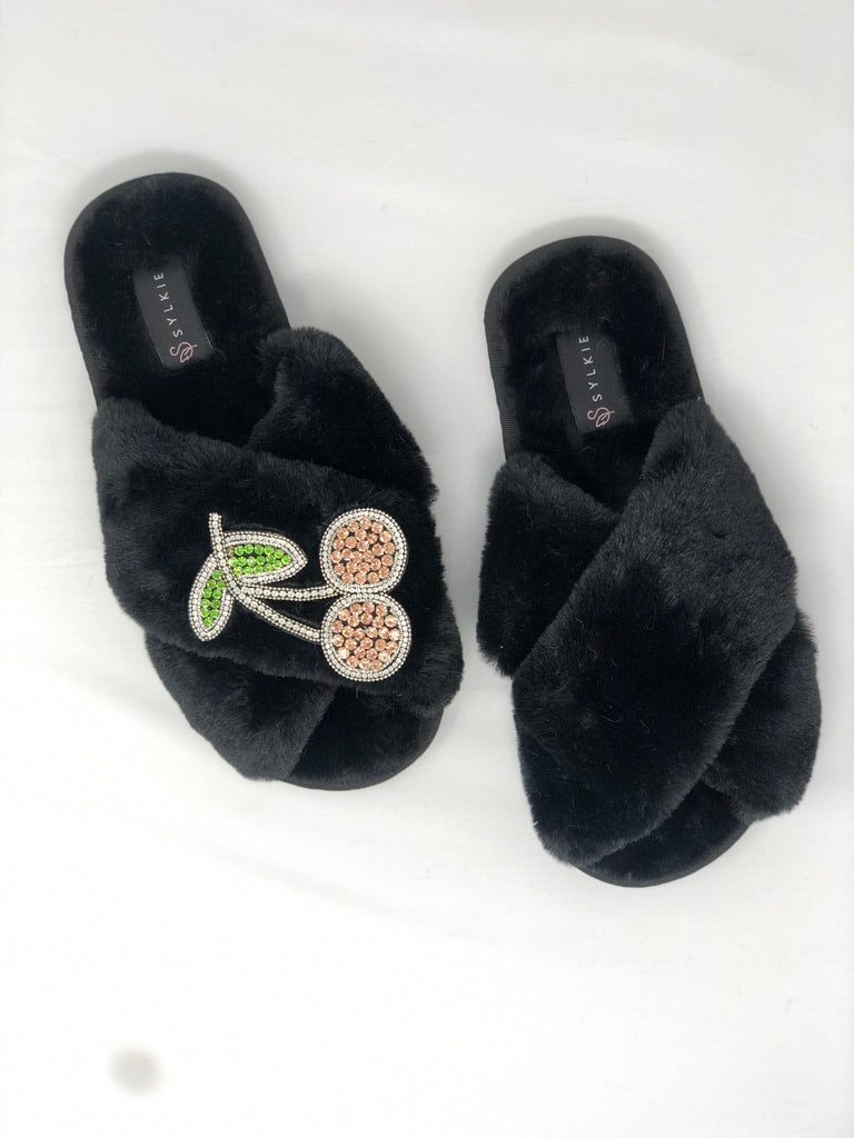 Pink Cherry Cross Slipper Black